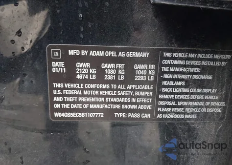 2011 Buick Regal Cxl Russelsheim from USA, damaged, VIN W04GS5EC5B1107772